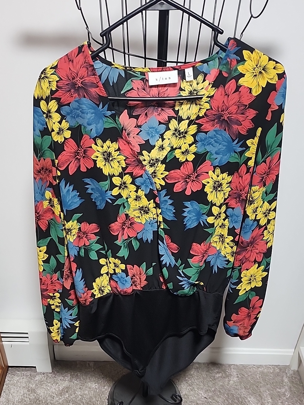 K/Lab Black Floral Wrap-Front Bodysuit with Red, Yellow & Blue Blooms